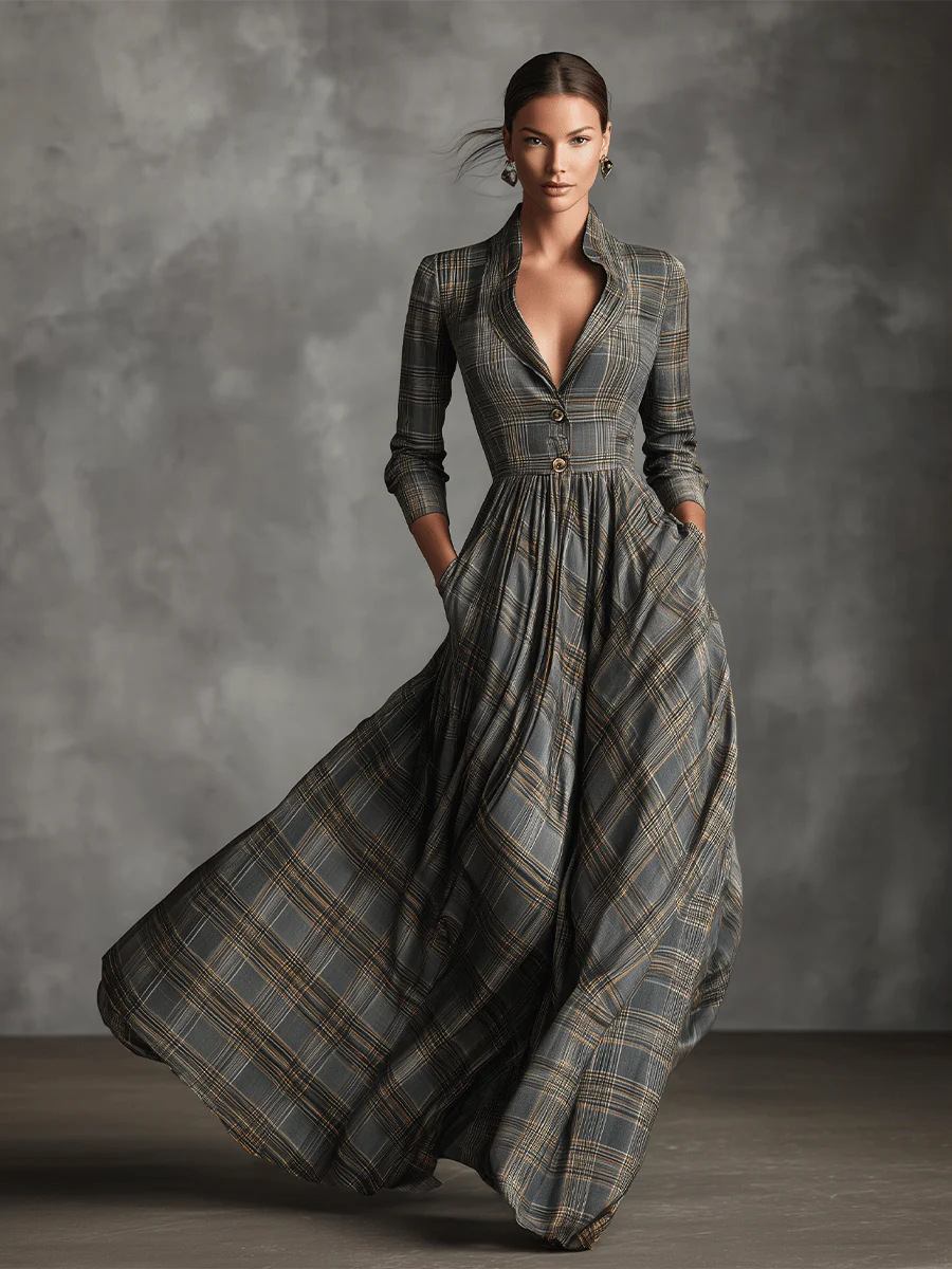 Retro V neck Gray Plaid Linen Flared Maxi Skirt Gray - Shop at LoveMi
