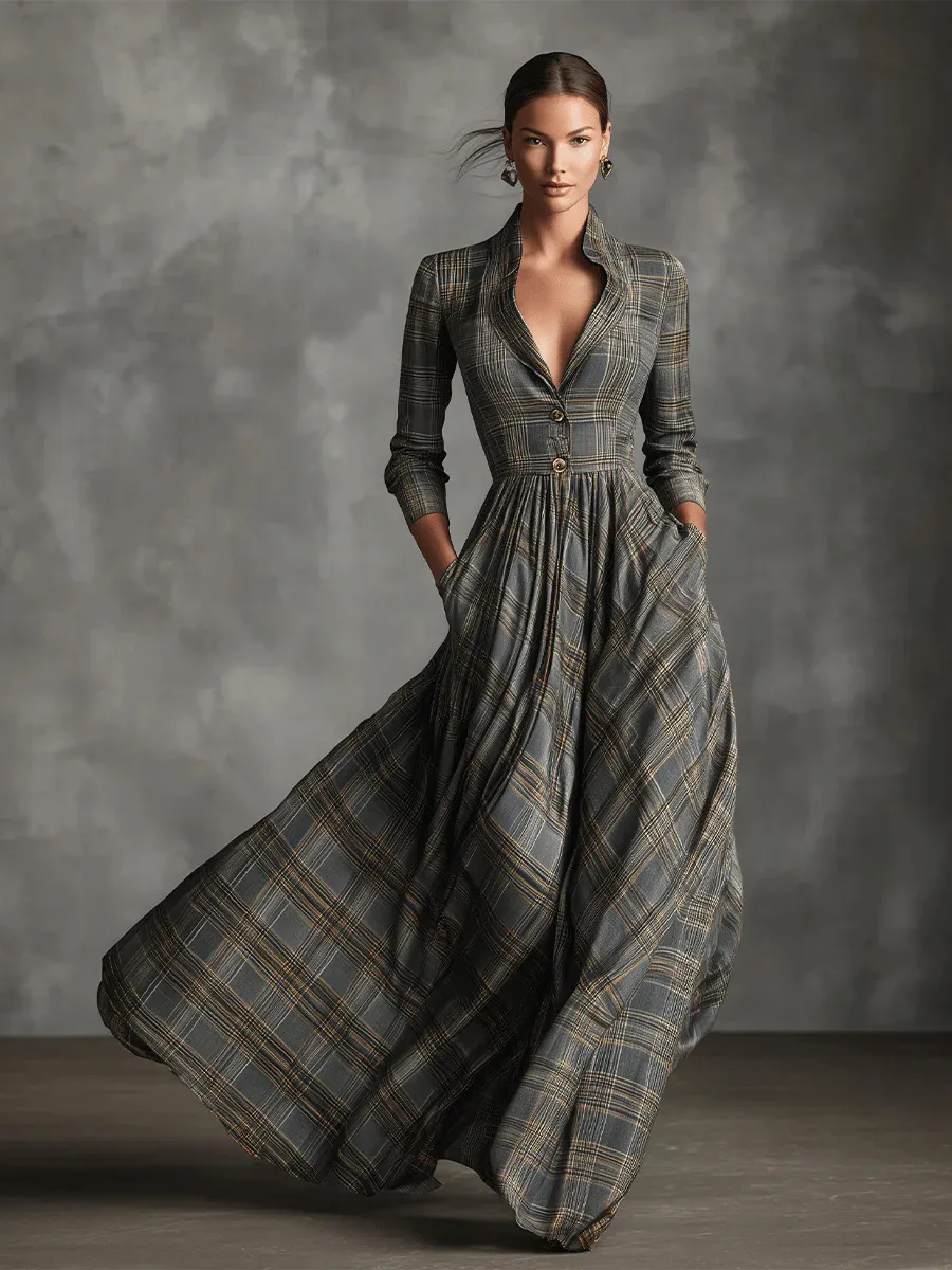 Retro V-neck Gray Plaid Linen Flared Maxi Skirt - Red