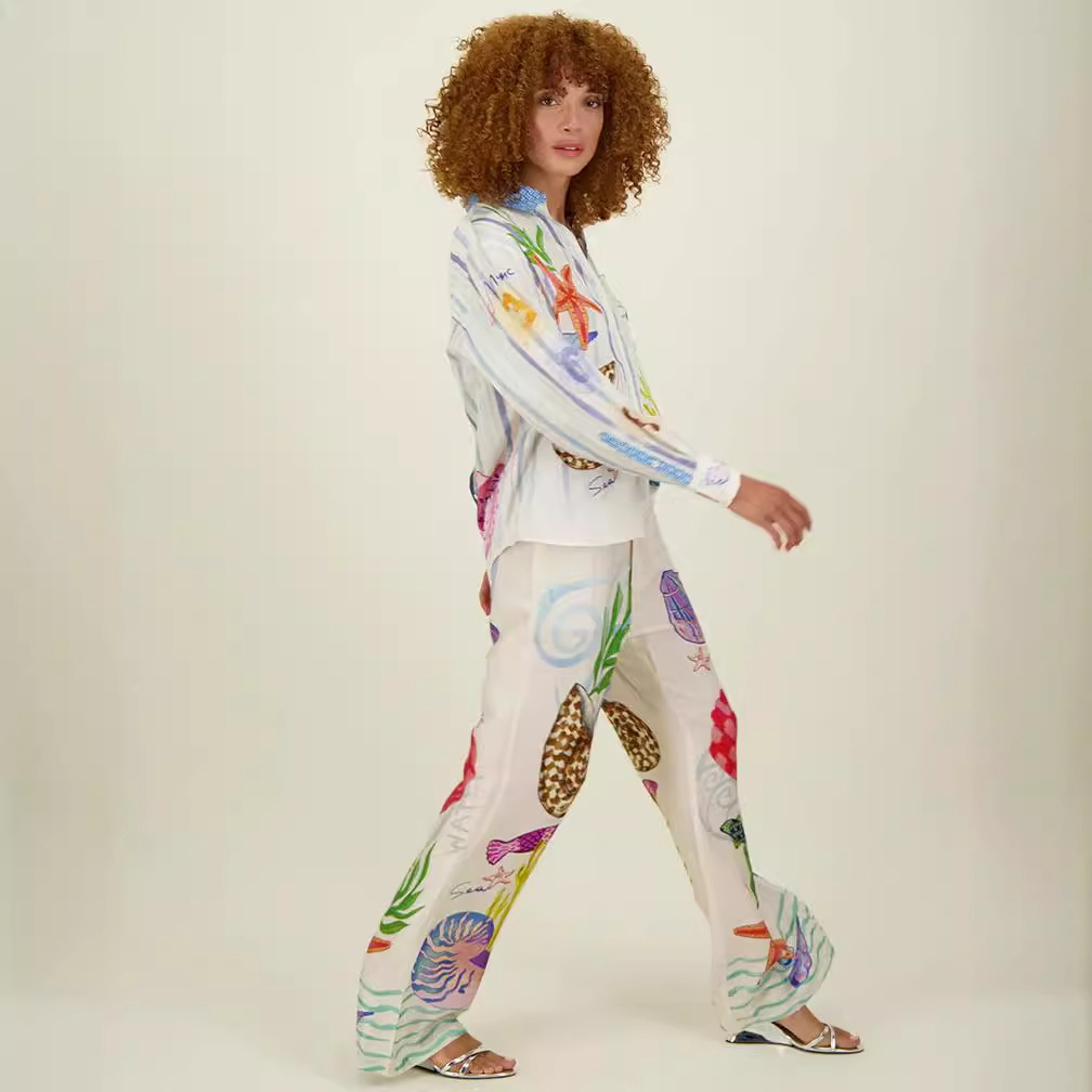 Women's Satin Printed Personalized Graffiti Casual Shirt And Trousers Two-piece Set