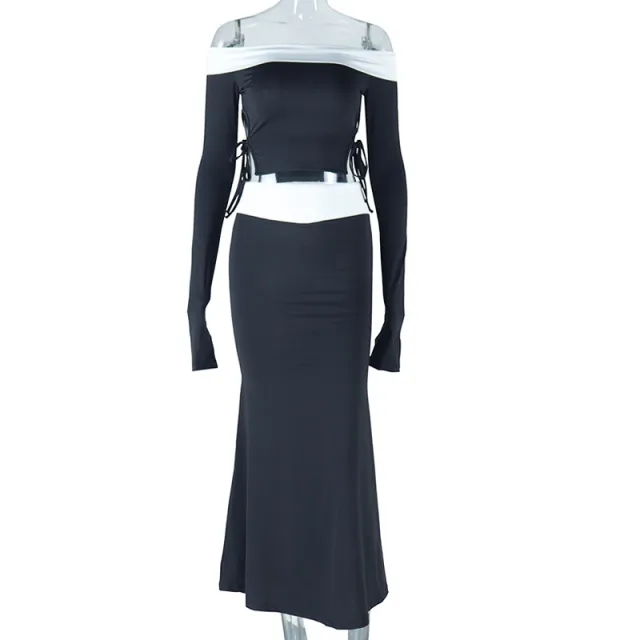 Women's Two piece Suit With Exposed Navel And Contrast Color Coat Skirt Black - Shop at LoveMi