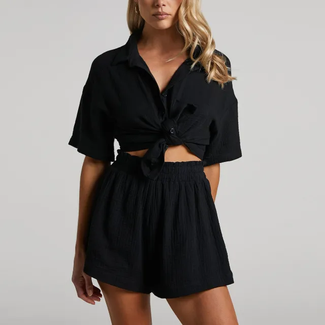 Women's Casual Loose Solid Color Shorts Shirt Two piece Suit Black - Shop at LoveMi