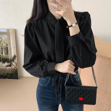 Spring New Gentle Lace-up Bow Tie Design Puff Sleeve Solid Color Shirt For Women
