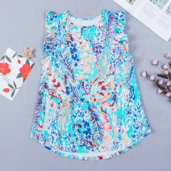Sleeveless Versatile Top Women's Summer New Loose Printed Fashion Outerwear Chiffon T-shirt Women - Blue - View 1