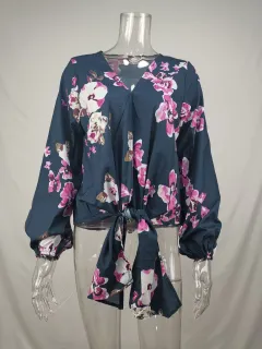 Fashion Shirt V-neck Long Sleeve Knotted Vintage Print Top For Women - Rose Red - View 1