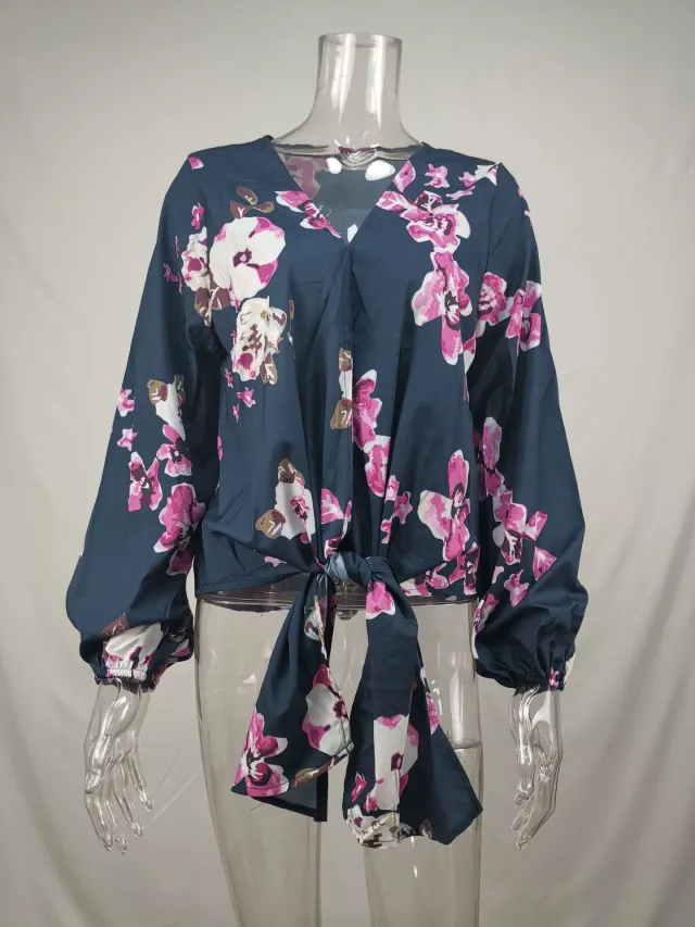 Fashion Shirt V neck Long Sleeve Knotted Vintage Print Top For Women Rose Red - Shop at LoveMi