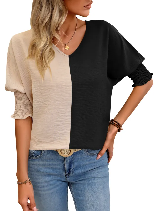 V neck Loose Smocking Batwing Sleeve Color Matching Top Khaki Black - Shop at LoveMi