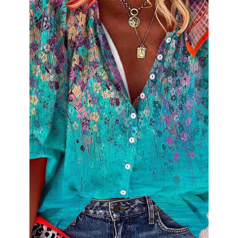 3D Floral-print Long-sleeve Top Fashionable V-neck Blouse For Women