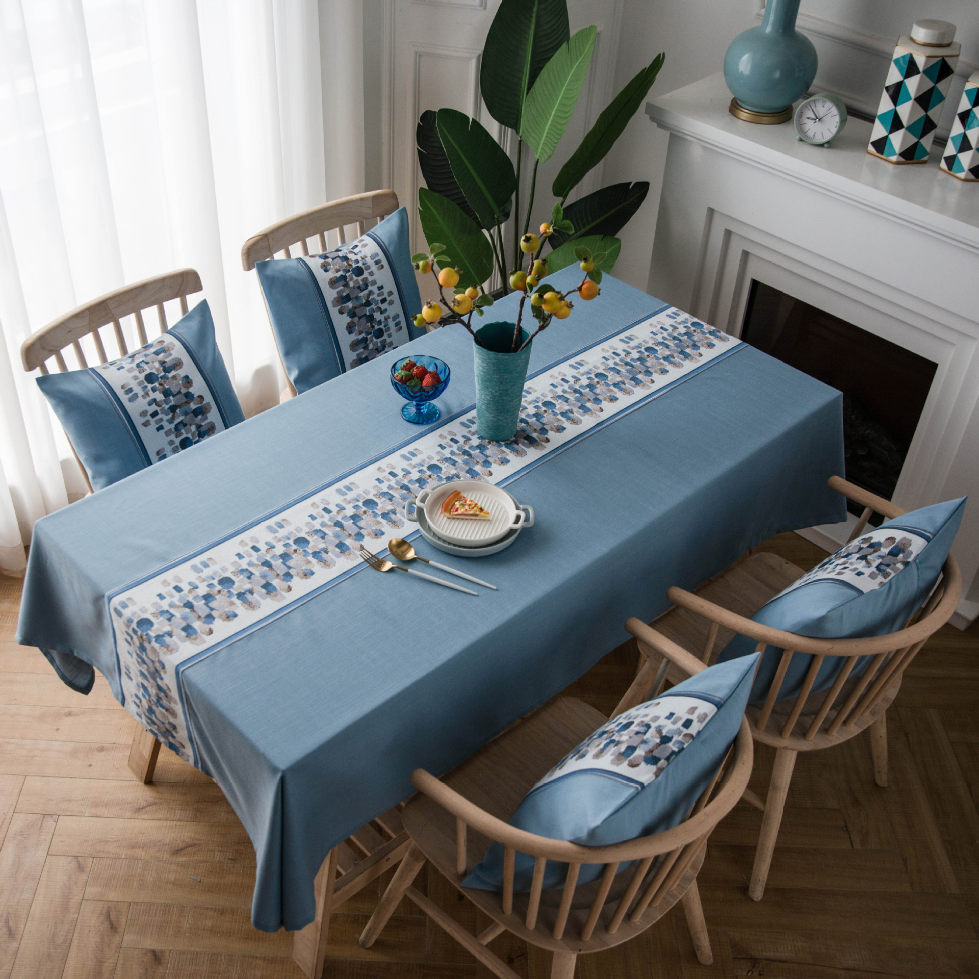 Rustic Blue Embroidered Cotton Faux Linen Tablecloth