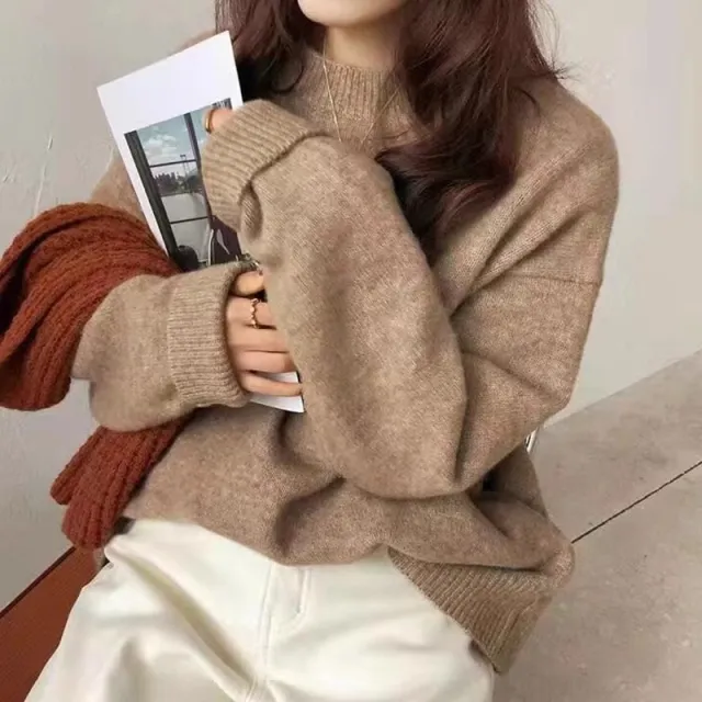 Round Neck Soft Glutinous Sweater Loose Thick Camel - Shop at LoveMi
