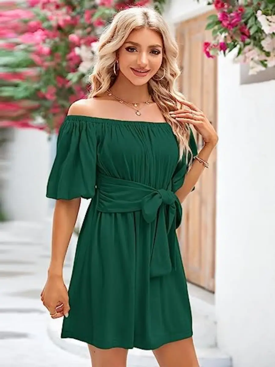 Women's Off-shoulder Dress Elastic Square Collar Solid Lantern Sleeve