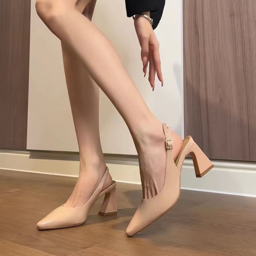 Baotou One-strap High-heeled Pointed-toe Chunky-heel Pumps
