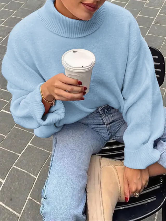 Casual Woolen Solid Color Long sleeved Sweater Light Blue - Shop at LoveMi