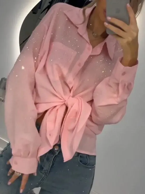 European And American Sequined Thin Shirt Cardigan Pink - Shop at LoveMi