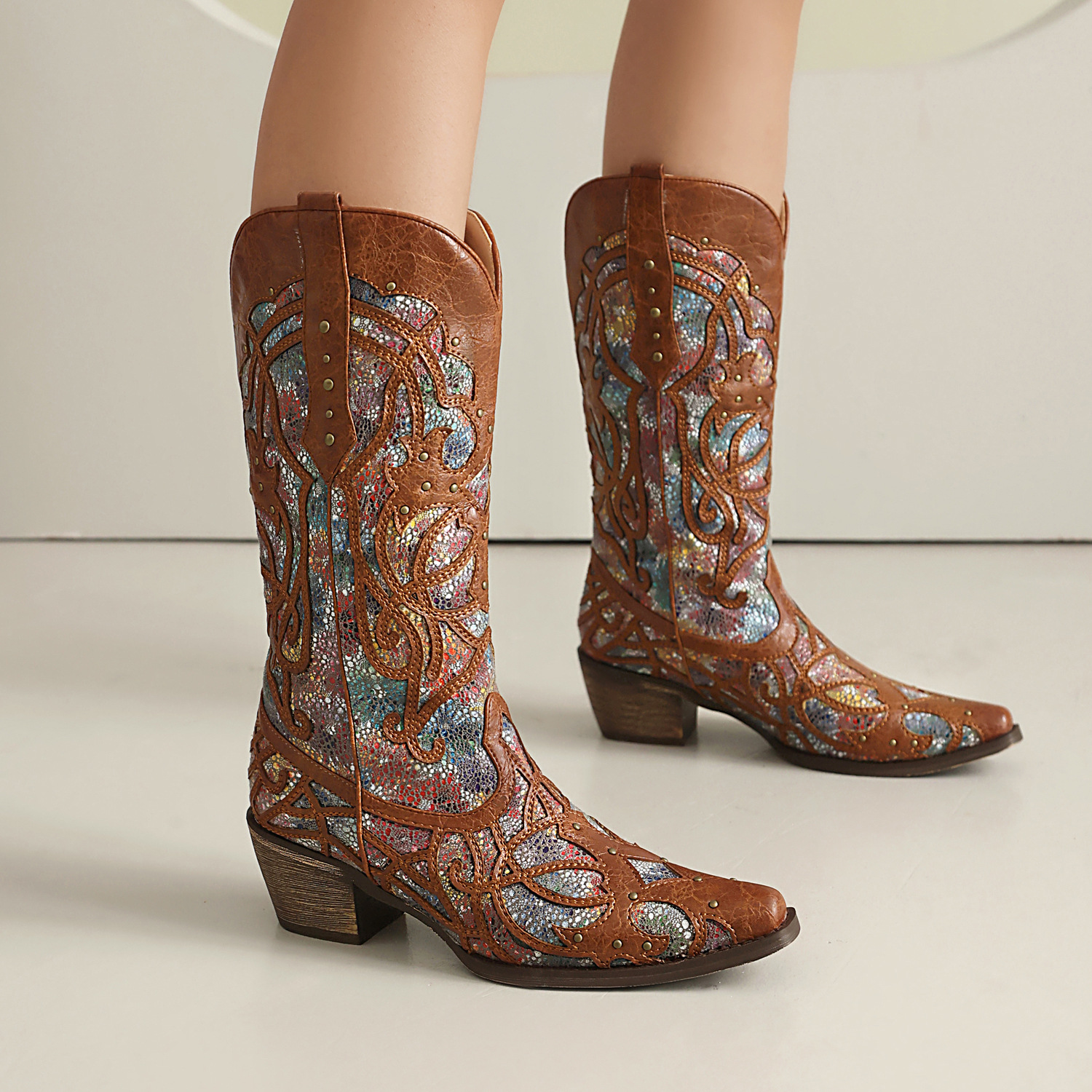 Western Style Cowboy Boots For Fallwinter Featuring Rivets Color Blocking And A Chunky Heel product image