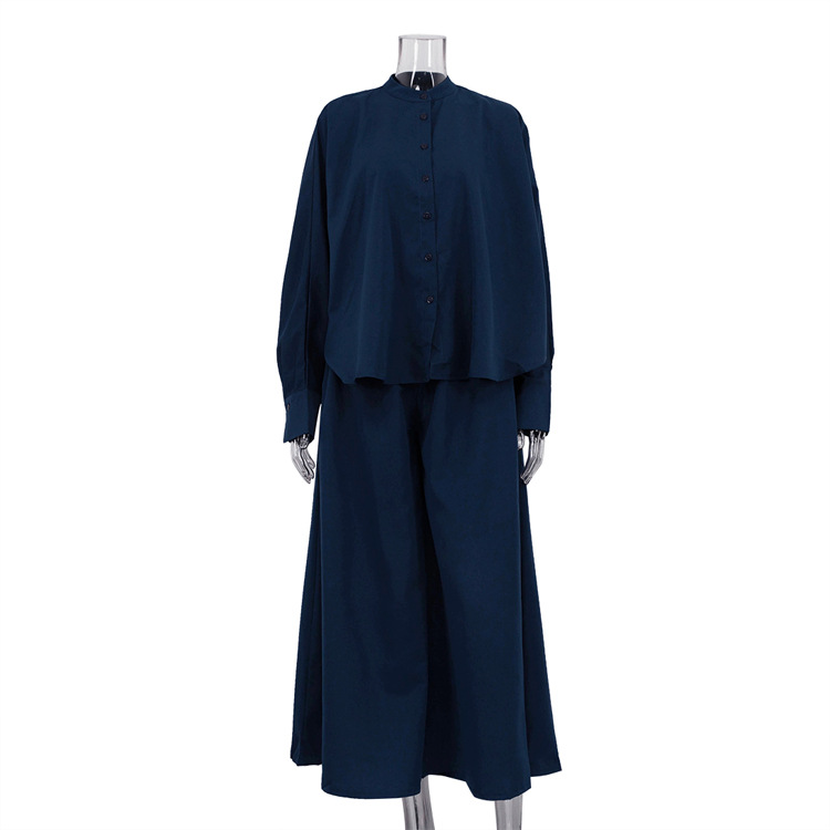 Casual Stand up Collar Long sleeved Shirt Wide Leg Pants Loose Two piece Suit Navy Blue - Shop at LoveMi