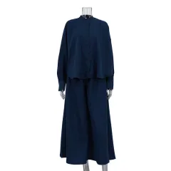 Casual Stand-up Collar Long-sleeved Shirt Wide Leg Pants Loose Two-piece Suit - Navy Blue - View 1