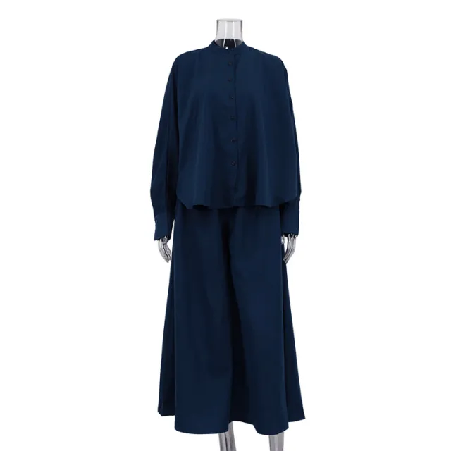 Casual Stand up Collar Long sleeved Shirt Wide Leg Pants Loose Two piece Suit Navy Blue - Shop at LoveMi