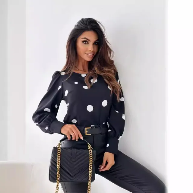 Autumn Top Round Neck Polka Dot Long Sleeve Shirt Printed Black - Shop at LoveMi