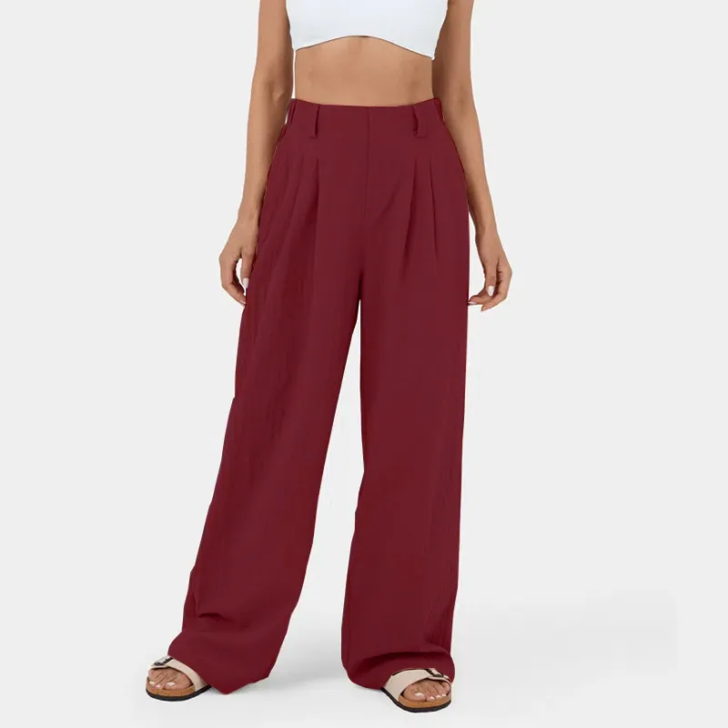 Women's Long Straight-leg Pants Cotton High Waist Pants - Wine