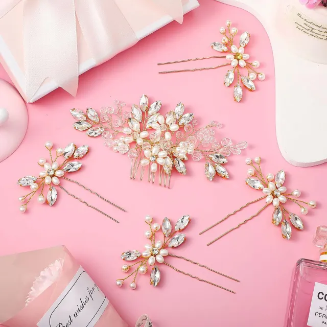 Bridal Wedding Handmade Pearl Crystal Hair Comb Gold 5Pcs Set - Shop at LoveMi