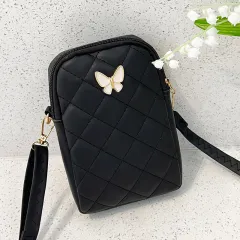 Embroidered Butterfly Rhombus Crossbody Bag - Black - View 1