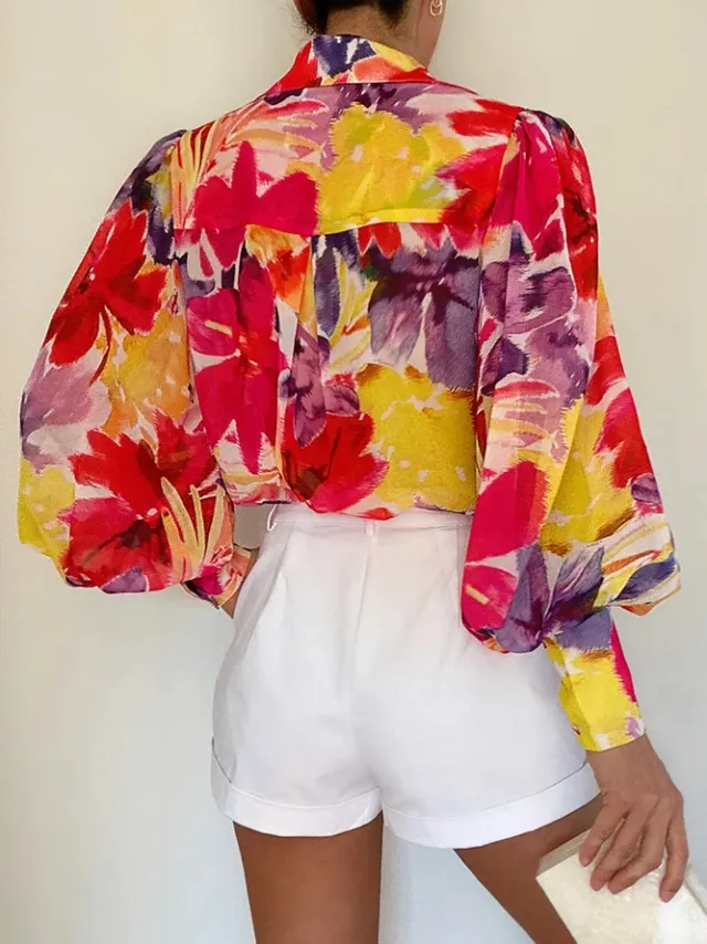 Women's Summer Printed Lantern Sleeve Fashion Shirt Red Flowers - Shop at LoveMi