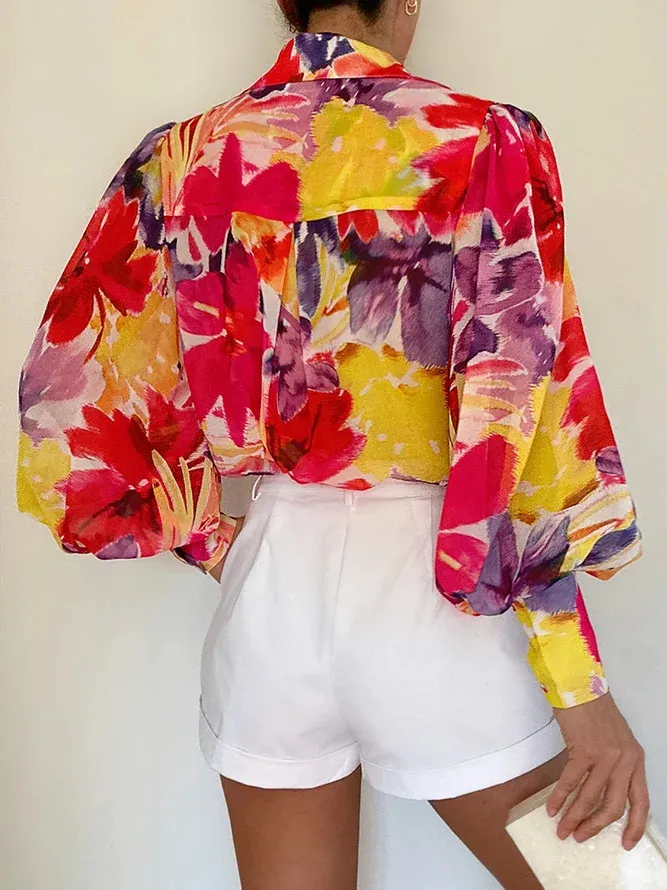 Women's Summer Printed Lantern Sleeve Fashion Shirt - Red Flowers