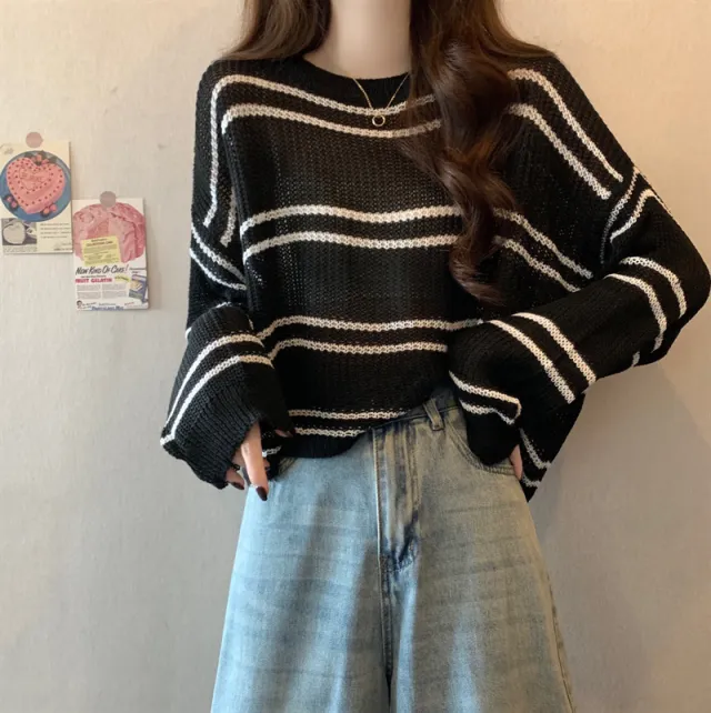 Striped Thin Sweater Loose Hollow out Short Top Black - Shop at LoveMi
