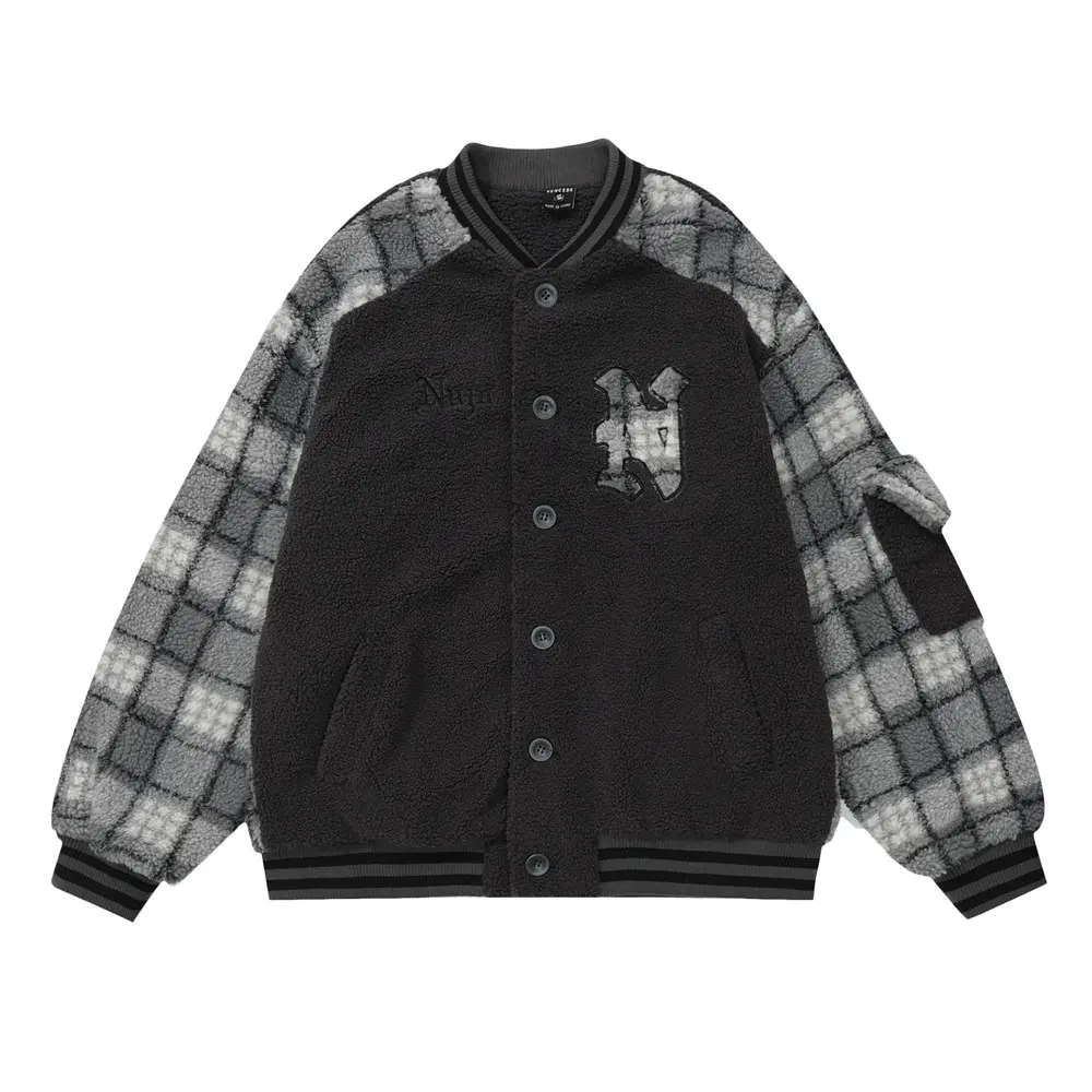 Color Contrast Patchwork Plaid Lamb Wool Coat