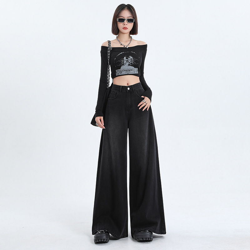 American Retro Women's High Waist Loose Wide Legs Jeans Gray - Shop at LoveMi