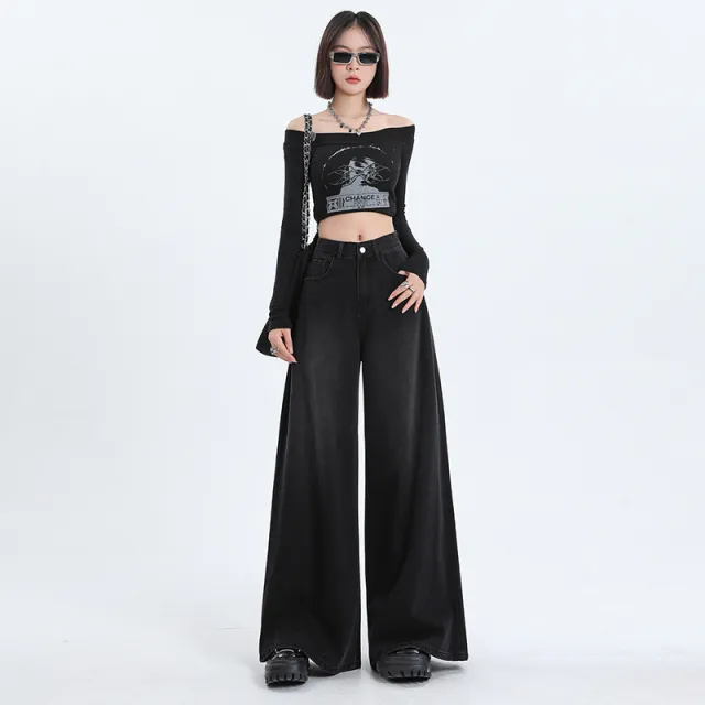 American Retro Women's High Waist Loose Wide Legs Jeans Black Gray - Shop at LoveMi