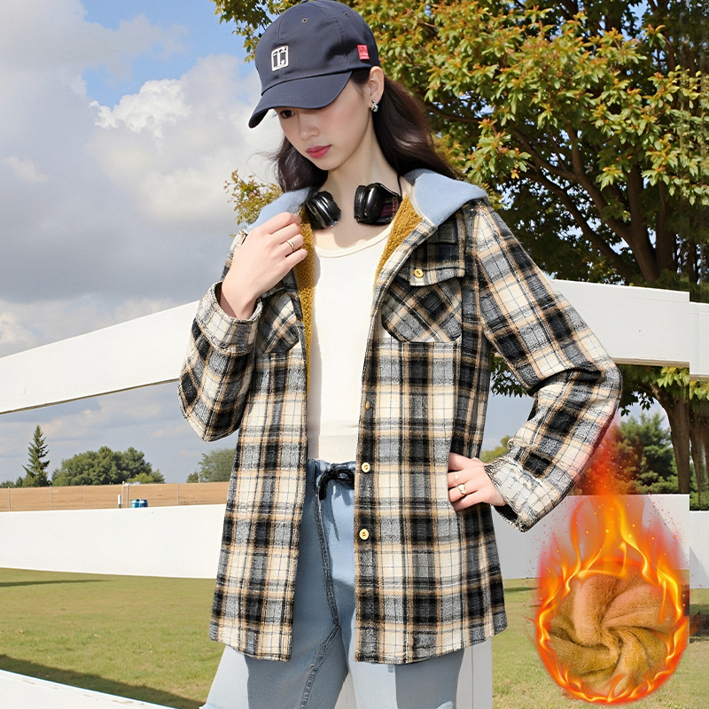 Casual And Loose Hooded Plaid Shirt Top For Women - Image 7