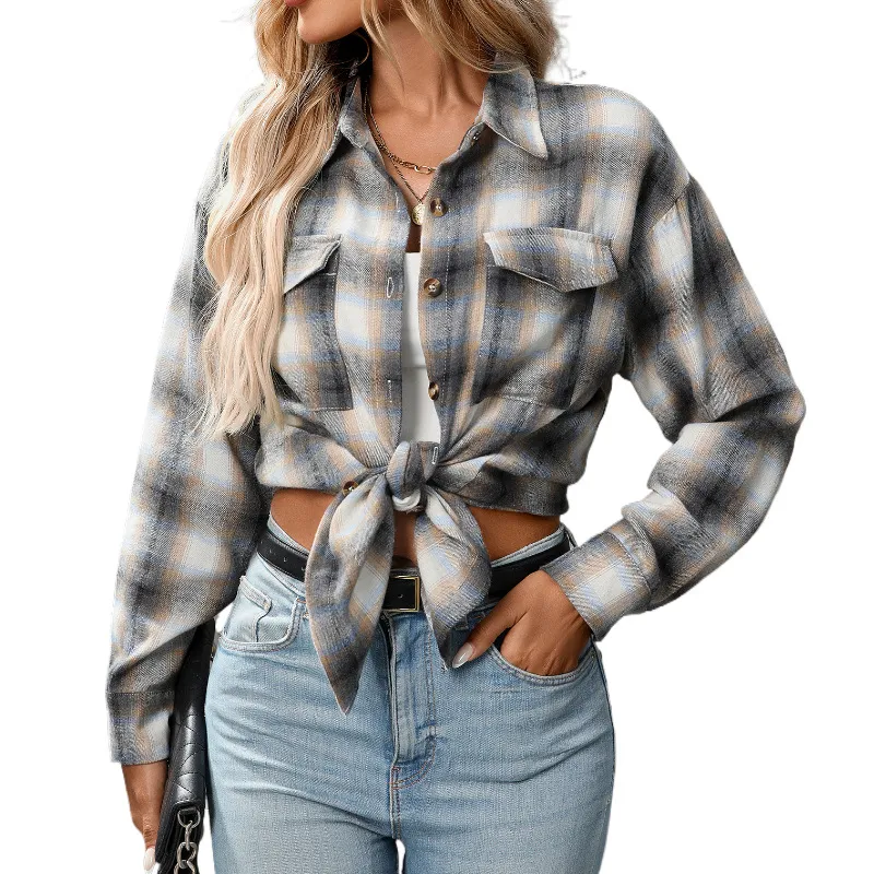 Casual Fashion Loose Plaid Pocket Shirt For Women - Gray