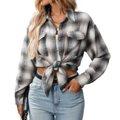 Casual Fashion Loose Plaid Pocket Shirt For Women - Gray - View 1