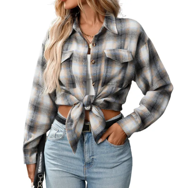 Casual Fashion Loose Plaid Pocket Shirt For Women Gray - Shop at LoveMi