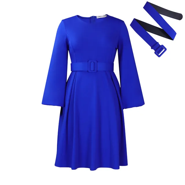 With Belt Long Sleeve Elegant Graceful Round Neck Large Swing Dress Blue - Shop at LoveMi