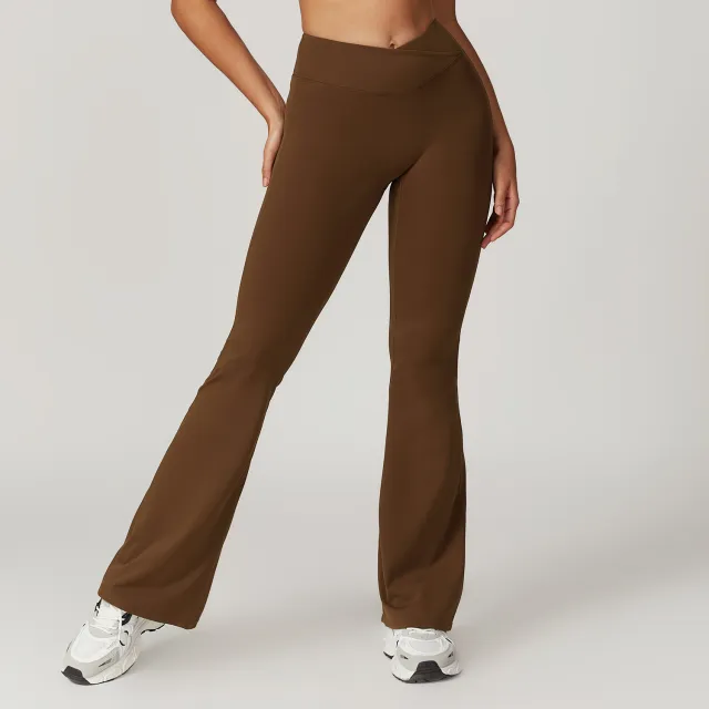 Hip Lifting Yoga Bell bottom Pants Nude Feel Cross High Waist Light Brown - Shop at LoveMi