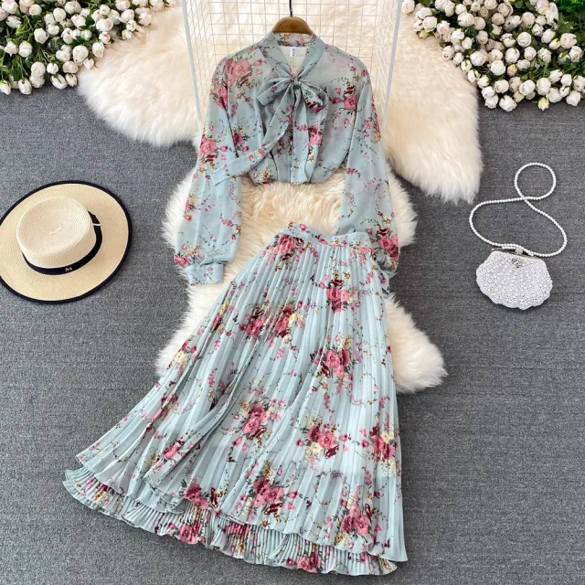 Bow tie Lace Floral Chiffon High Waist Pleated Skirt Blue - Shop at LoveMi