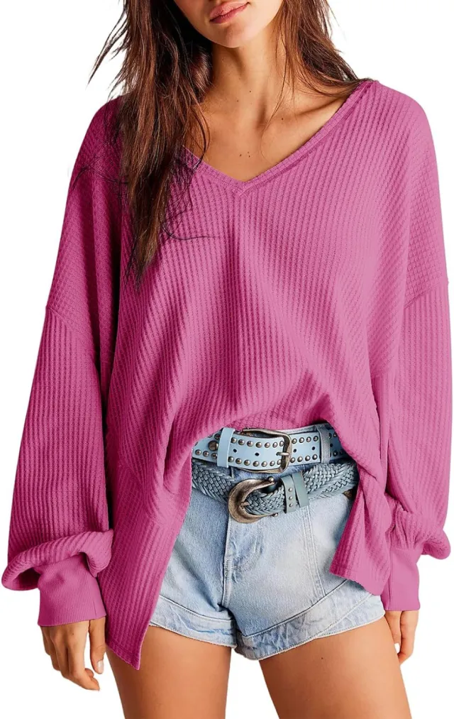 Women's Waffle Knit Blouse Lantern Sleeve Casual Shirt Glittering Powder Xxl - Shop at LoveMi