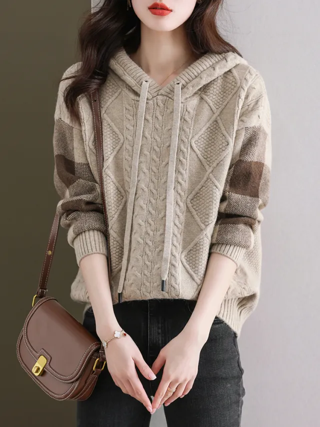 Women's Sweater Idle Style Casual Hooded Loose Sweater Long Sleeve Apricot - Shop at LoveMi