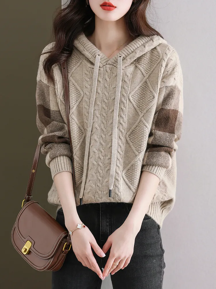 Women's Sweater Idle Style Casual Hooded Loose Sweater Long Sleeve - Apricot