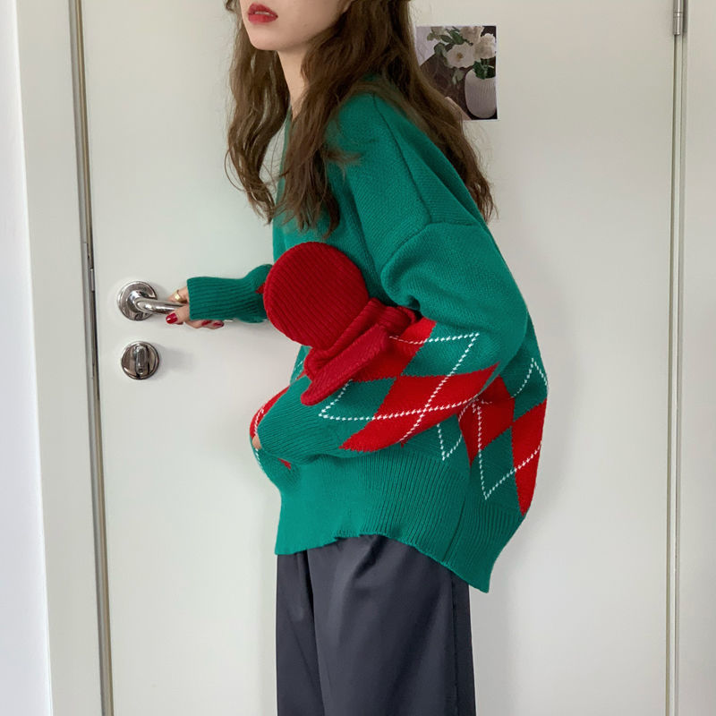Winter New Korean Style Loose Soft Glutinous Rhombus Stitching Sweater Female Student Hong Kong Style Round Neck Pullover Sweater Fashion