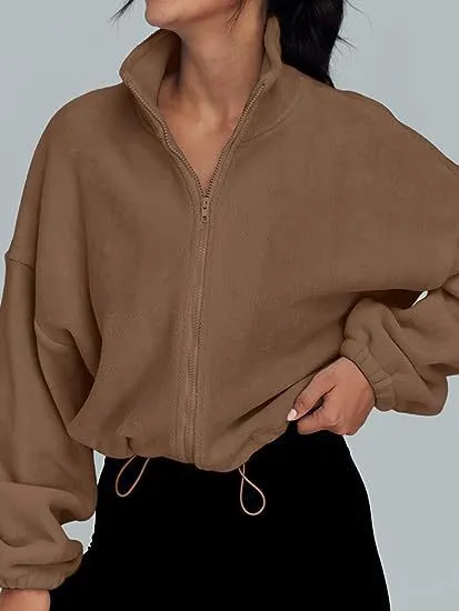 Women's Polar Fleece Sports Velvet Stand Collar Zipper Jacket Caramel - Shop at LoveMi