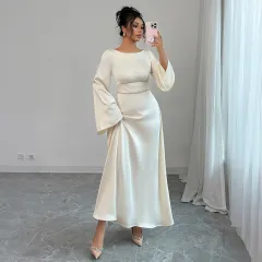 Elegant Graceful Style Waist Solid Colour Long Sleeve Dress - Apricot - View 1