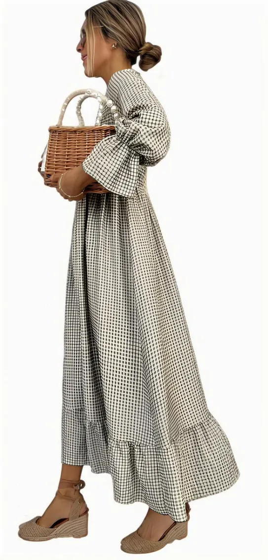 Puff sleeve Plaid Dress New European And American Style Women's Wear Green - Shop at LoveMi