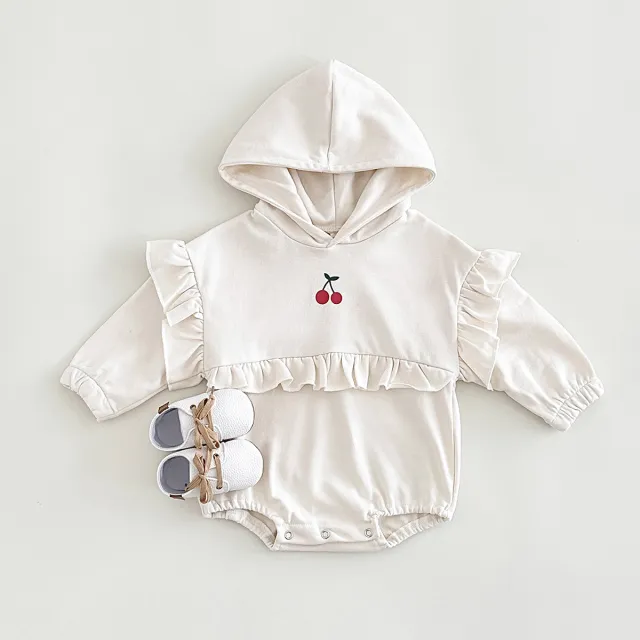 Baby Girl Sweet Cherry Embroidered Long Sleeve Hooded Crawling Suit Jumpsuit Red - Shop at LoveMi