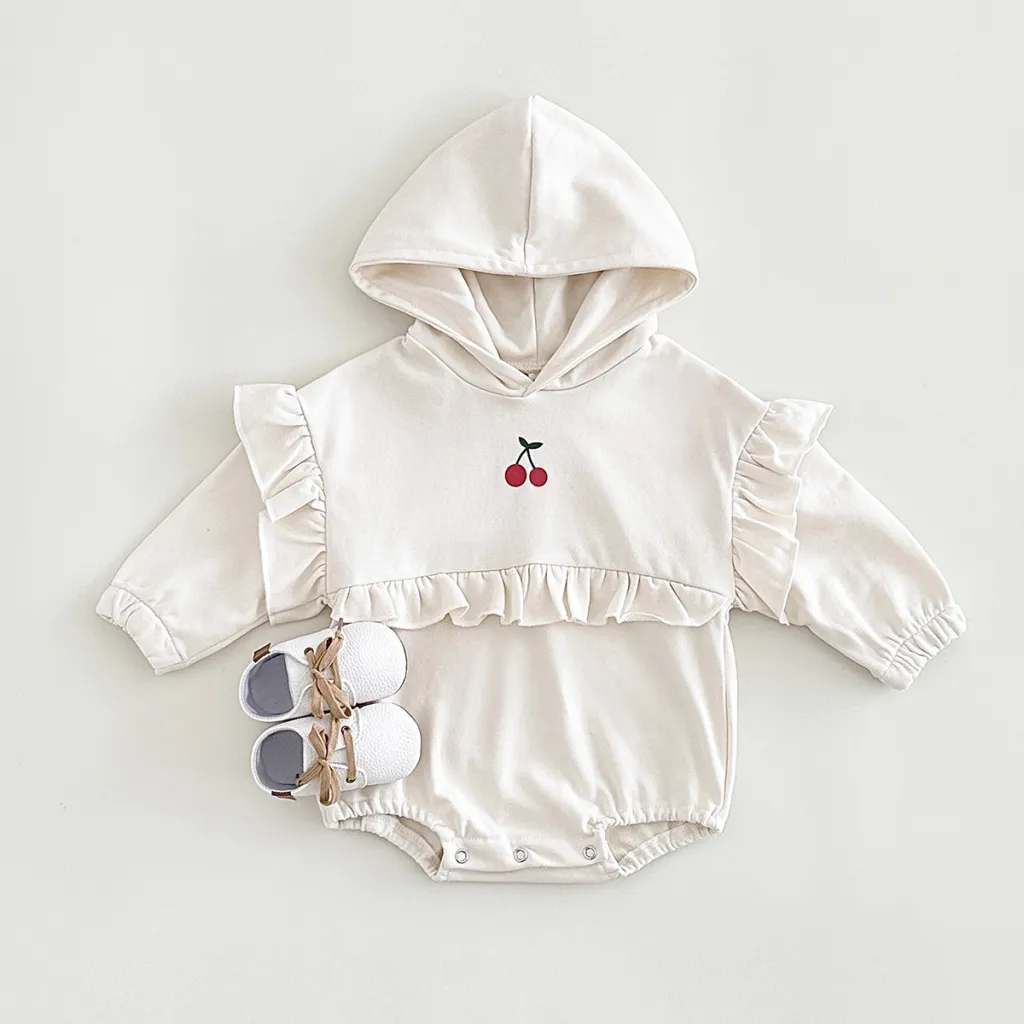 Baby Girl Sweet Cherry Embroidered Long Sleeve Hooded Crawling Suit Jumpsuit - Red