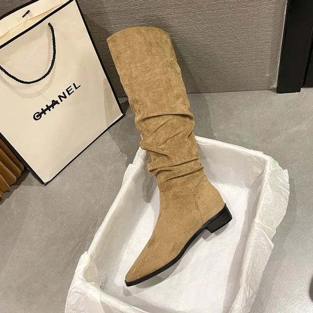 Female Vintage Suede Chunky Heel Square Toe Knight Boots Khaki - Shop at LoveMi