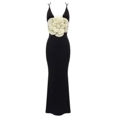 Black Camisole Backless Slim Fit Golden Flower Dress - Black - View 1