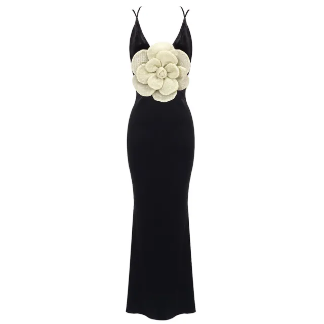 Black Camisole Backless Slim Fit Golden Flower Dress Black - Shop at LoveMi